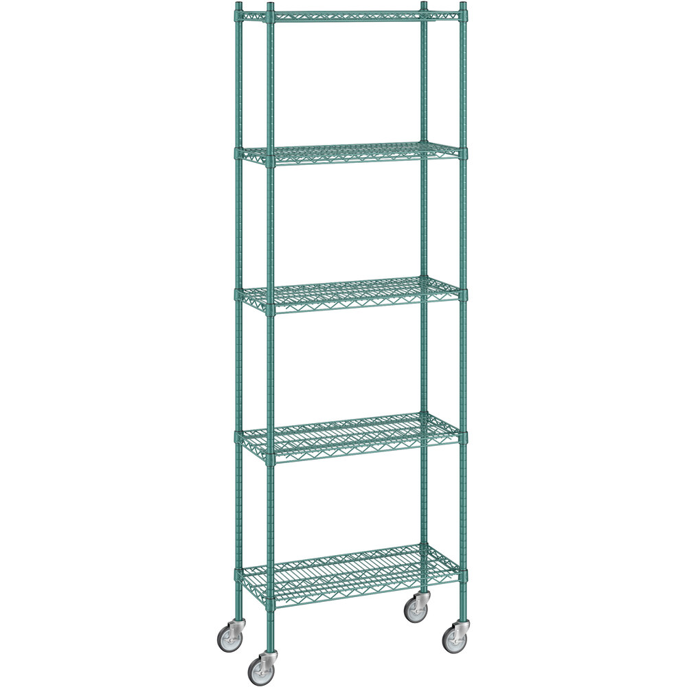 Regency 14 inch x 30 inch x 92 inch NSF Green Epoxy Mobile Wire Shelving Starter Kit with 5 Shelves