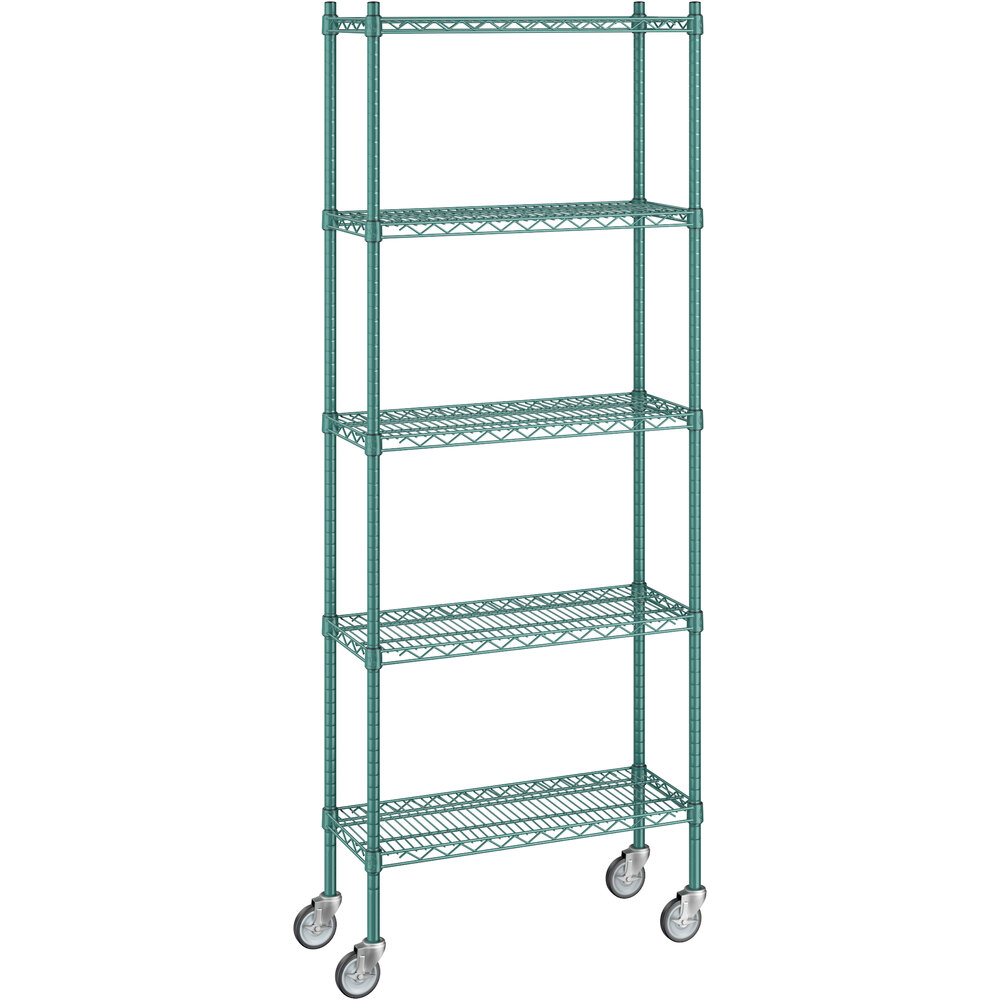 Regency 12 inch x 30 inch x 80 inch NSF Green Epoxy Mobile Wire Shelving Starter Kit with 5 Shelves