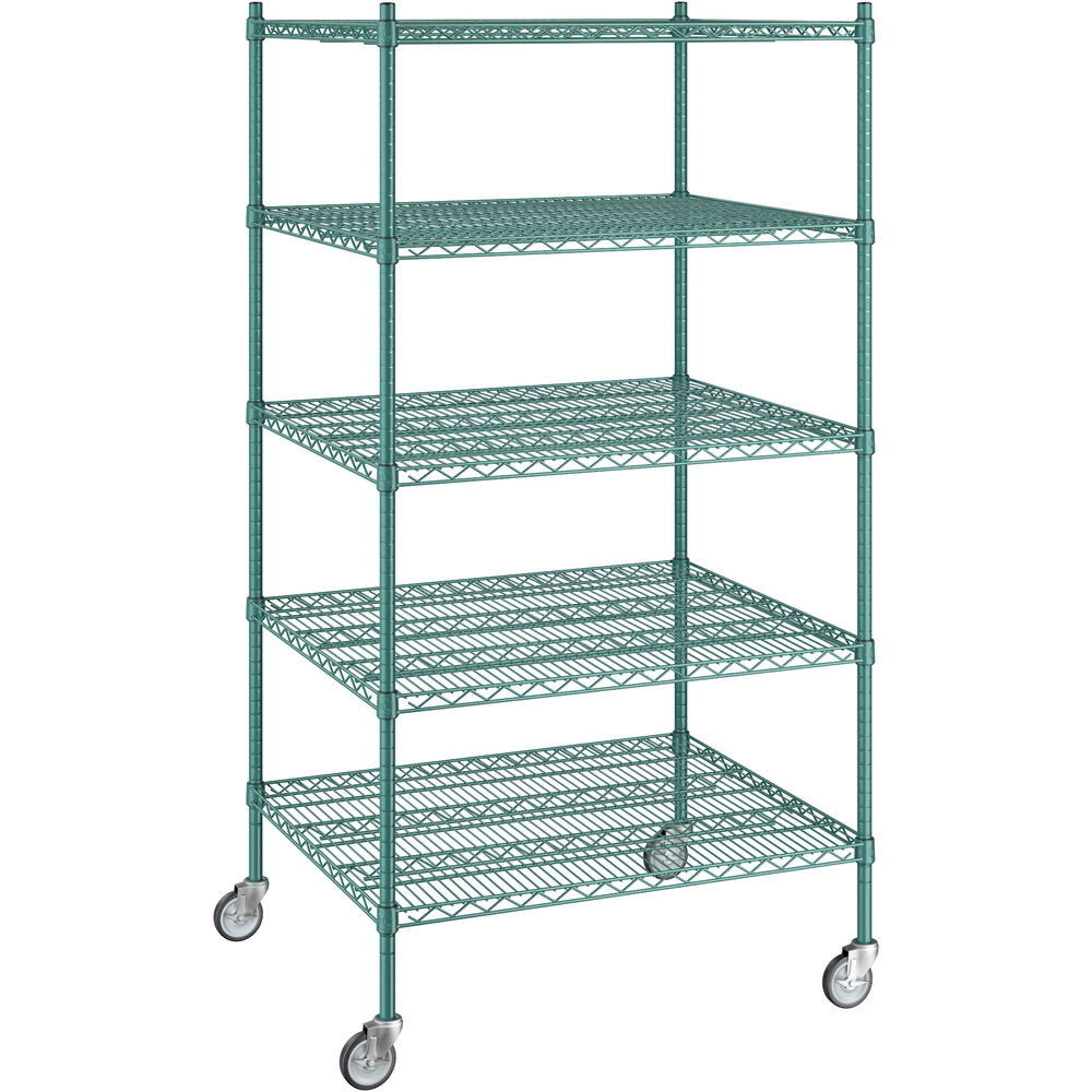 Regency 30 inch x 36 inch x 70 inch NSF Green Epoxy Mobile Wire Shelving Starter Kit with 5 Shelves