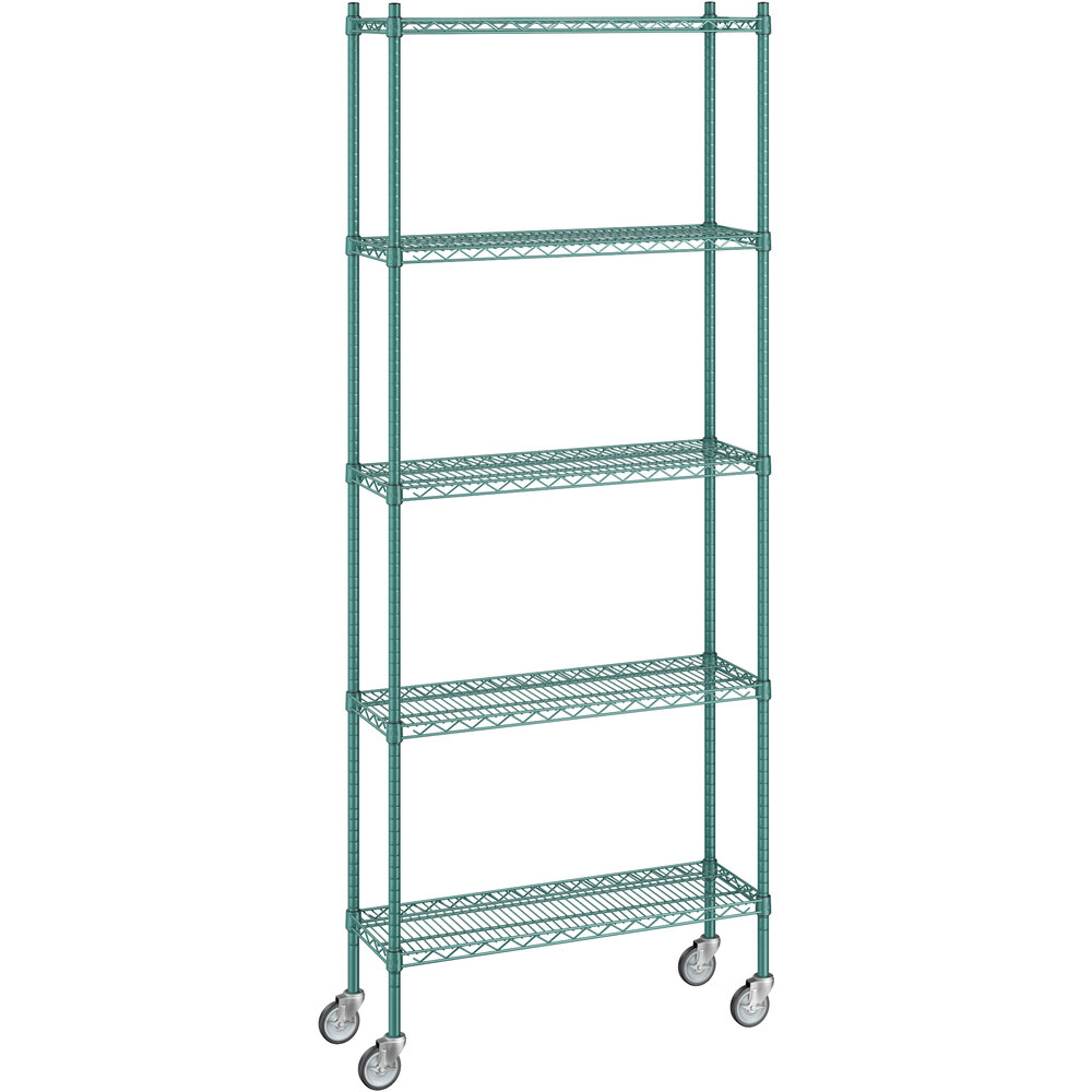 Regency 12 inch x 36 inch x 92 inch NSF Green Epoxy Mobile Wire Shelving Starter Kit with 5 Shelves
