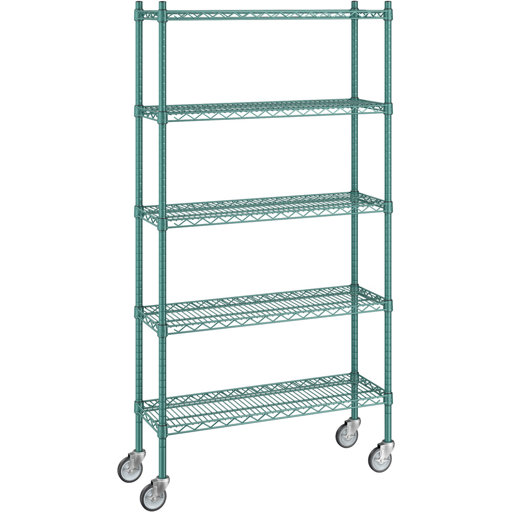 Regency 12 inch x 36 inch x 70 inch NSF Green Epoxy Mobile Wire Shelving Starter Kit with 5 Shelves