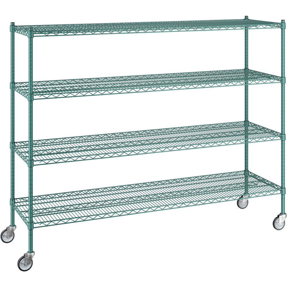 Regency 21 inch x 72 inch x 60 inch NSF Green Epoxy Mobile Wire Shelving Starter Kit with 4 Shelves