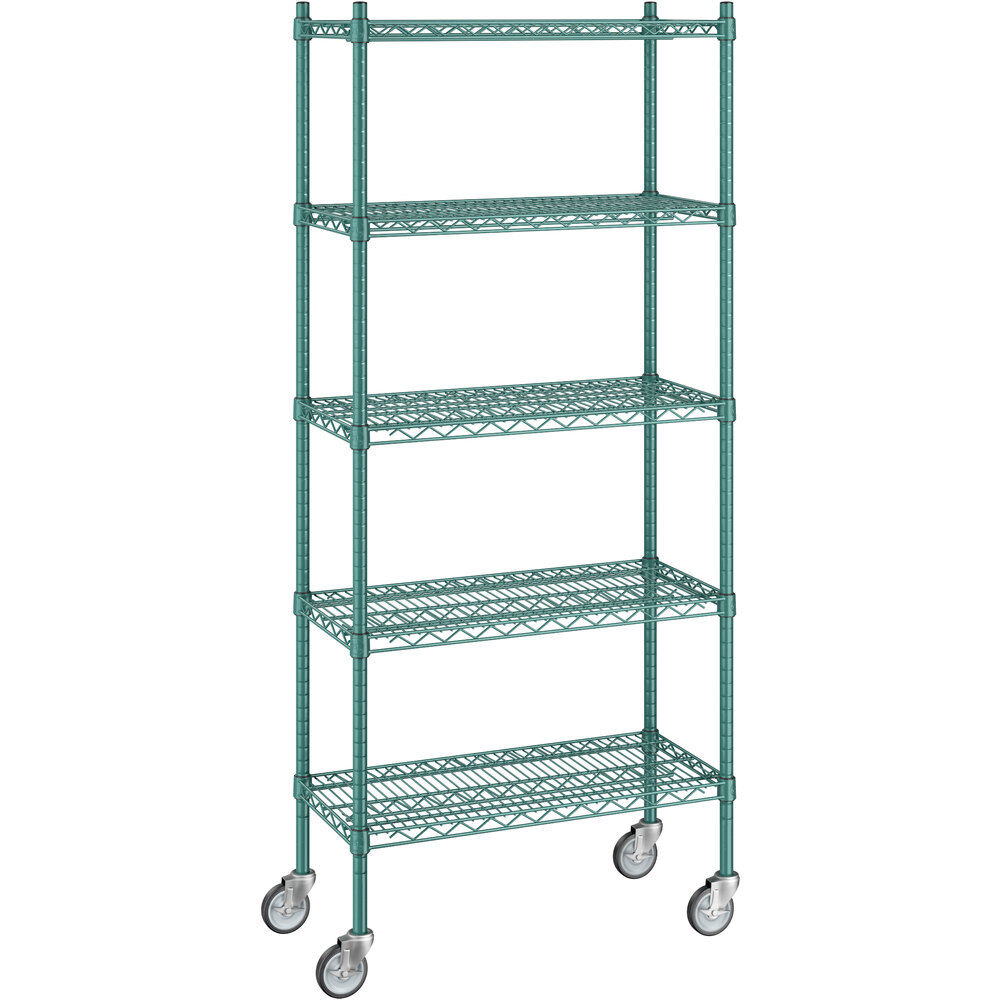 Regency 14 inch x 30 inch x 70 inch NSF Green Epoxy Mobile Wire Shelving Starter Kit with 5 Shelves