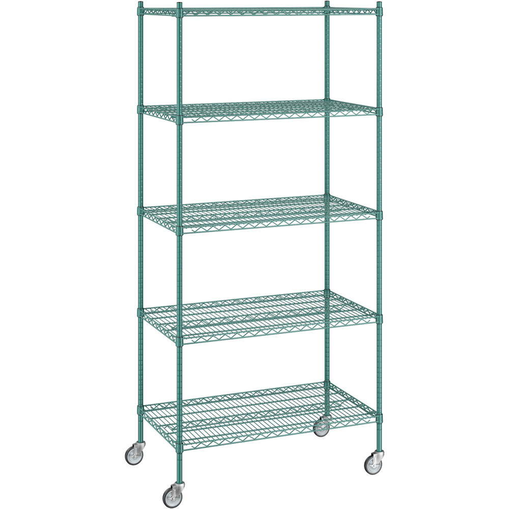 Regency 24 inch x 42 inch x 92 inch NSF Green Epoxy Mobile Wire Shelving Starter Kit with 5 Shelves