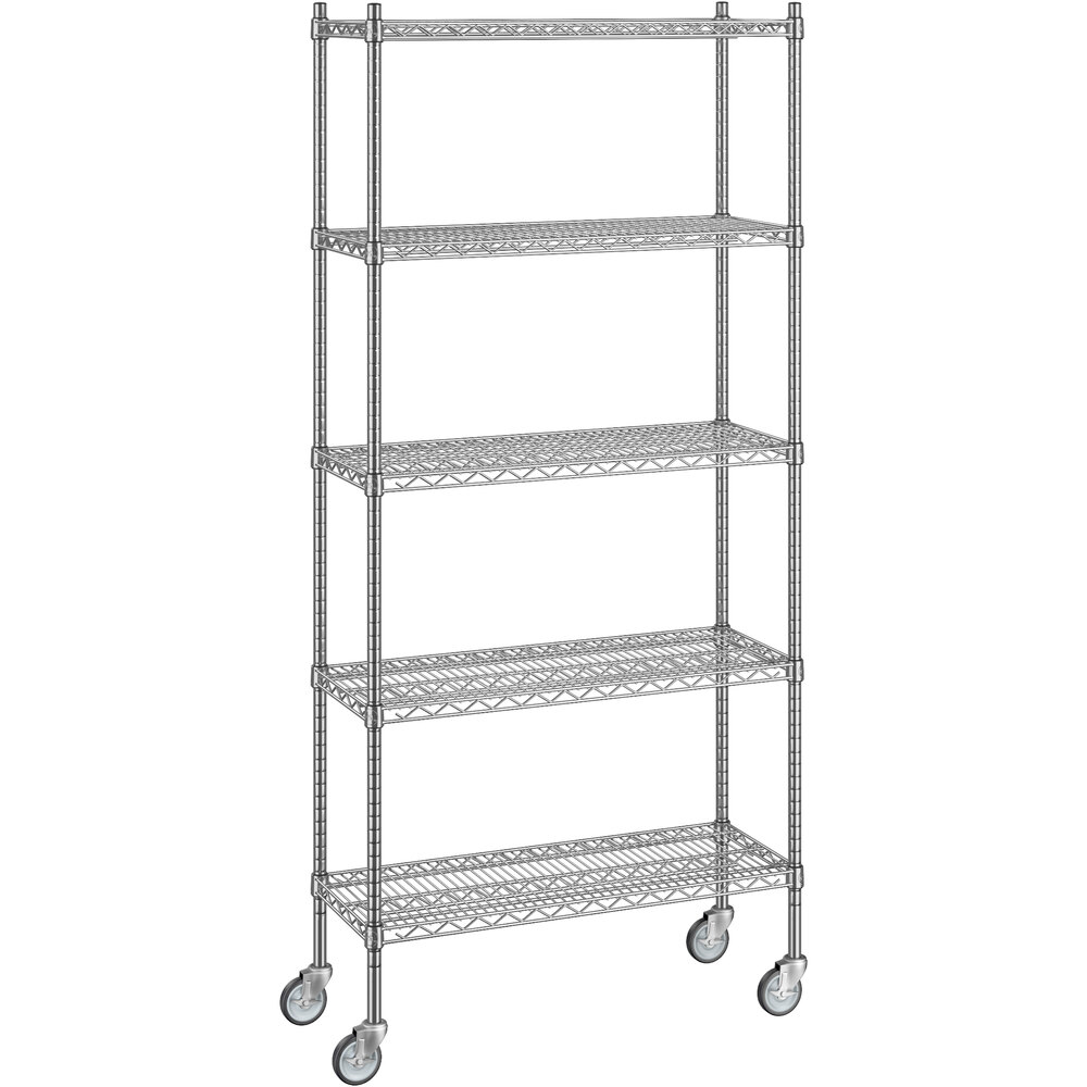 Regency 14 inch x 36 inch x 80 inch NSF Stainless Steel Wire Mobile Shelving Starter Kit with 5 Shelves