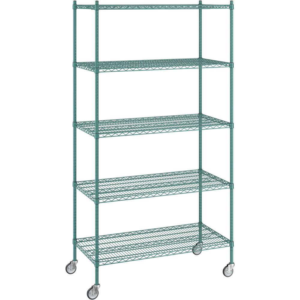 Regency 24 inch x 48 inch x 92 inch NSF Green Epoxy Mobile Wire Shelving Starter Kit with 5 Shelves