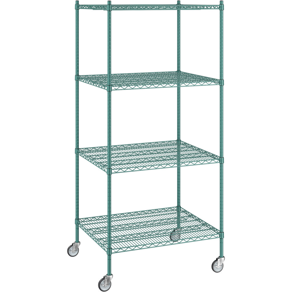 Regency 30 inch x 36 inch x 80 inch NSF Green Epoxy Mobile Wire Shelving Starter Kit with 4 Shelves