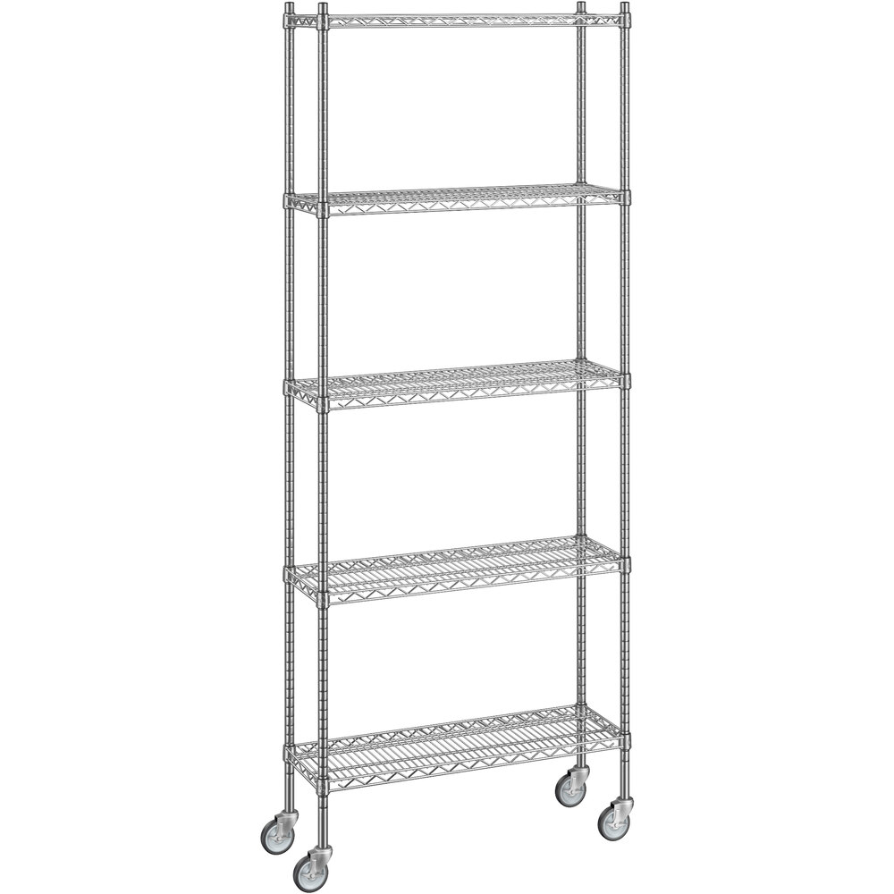 Regency 12 inch x 36 inch x 92 inch NSF Chrome Mobile Wire Shelving Starter Kit with 5 Shelves