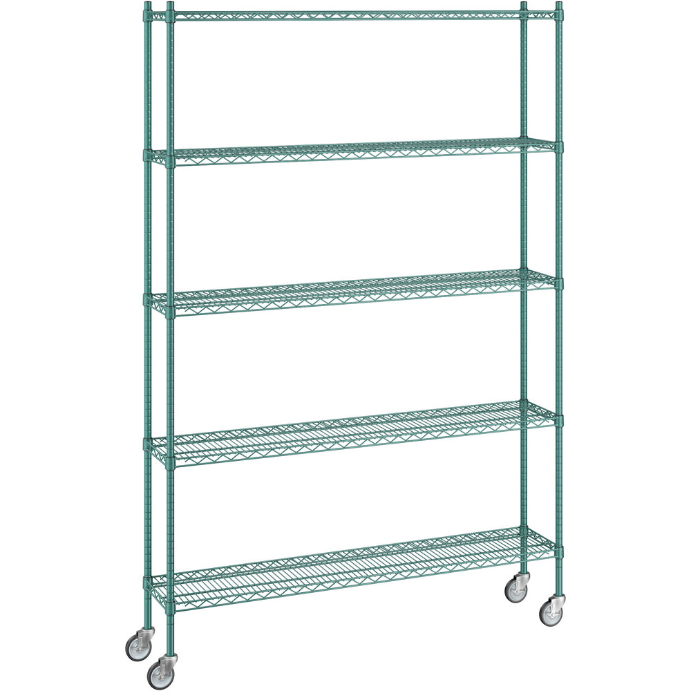 Regency 12 inch x 60 inch x 92 inch NSF Green Epoxy Mobile Wire Shelving Starter Kit with 5 Shelves