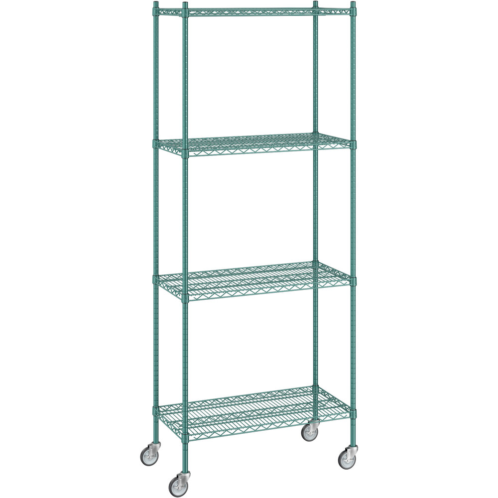 Regency 18 inch x 36 inch x 92 inch NSF Green Epoxy Mobile Wire Shelving Starter Kit with 4 Shelves