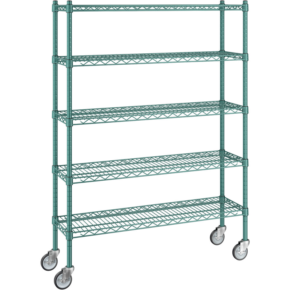Regency 12 inch x 42 inch x 60 inch NSF Green Epoxy Mobile Wire Shelving Starter Kit with 5 Shelves