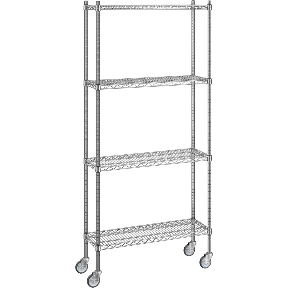 Regency 12 inch x 36 inch x 80 inch NSF Chrome Mobile Wire Shelving Starter Kit with 4 Shelves