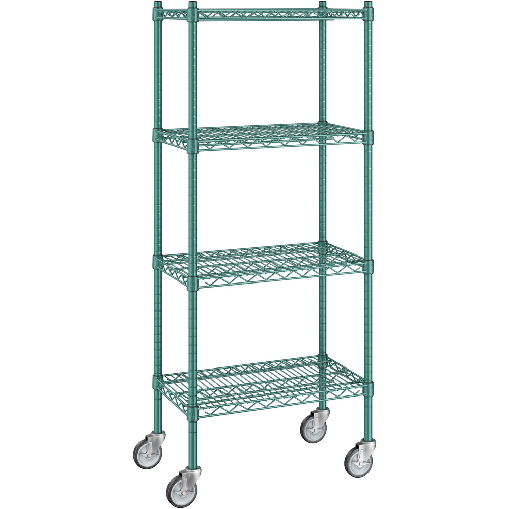 Regency 14 inch x 24 inch x 60 inch NSF Green Epoxy Mobile Wire Shelving Starter Kit with 4 Shelves