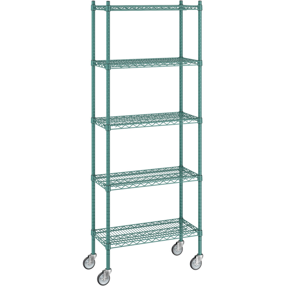 Regency 14 inch x 30 inch x 80 inch NSF Green Epoxy Mobile Wire Shelving Starter Kit with 5 Shelves
