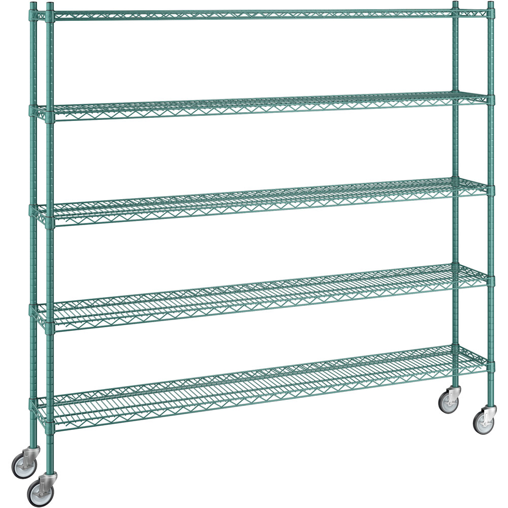 Regency 12 inch x 72 inch x 70 inch NSF Green Epoxy Mobile Wire Shelving Starter Kit with 5 Shelves