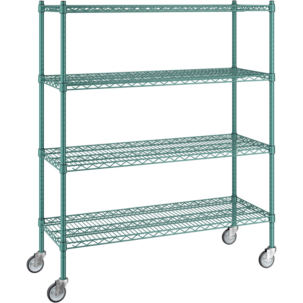 Regency 18 inch x 48 inch x 60 inch NSF Green Epoxy Mobile Wire Shelving Starter Kit with 4 Shelves