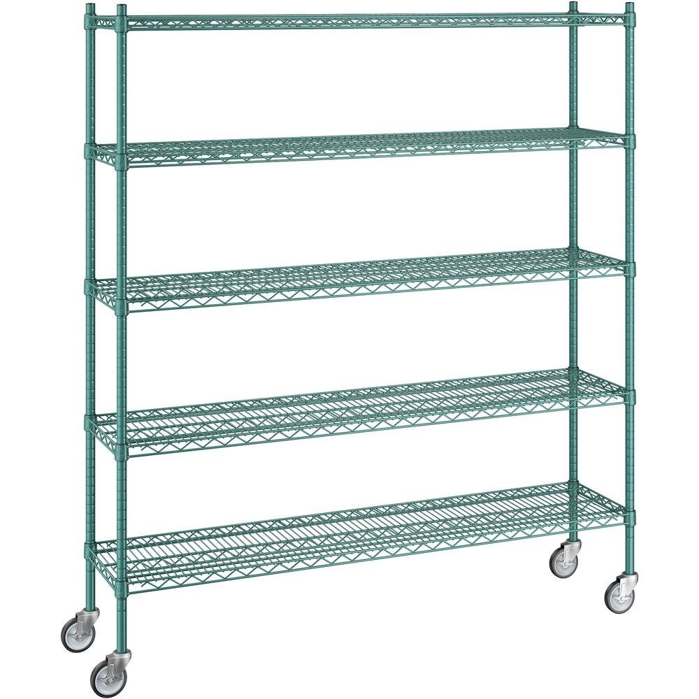 Regency 14 inch x 60 inch x 70 inch NSF Green Epoxy Mobile Wire Shelving Starter Kit with 5 Shelves