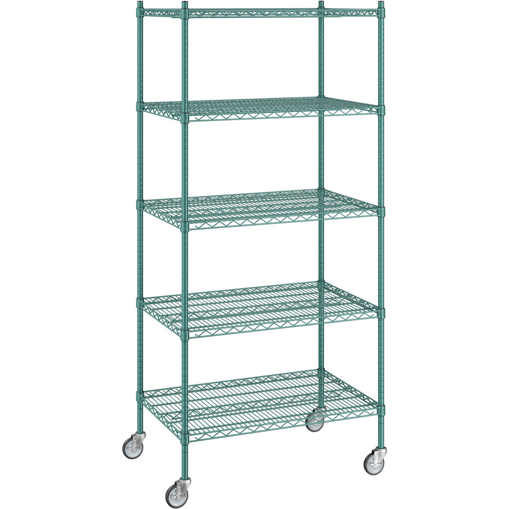 Regency 24 inch x 36 inch x 80 inch NSF Green Epoxy Mobile Wire Shelving Starter Kit with 5 Shelves