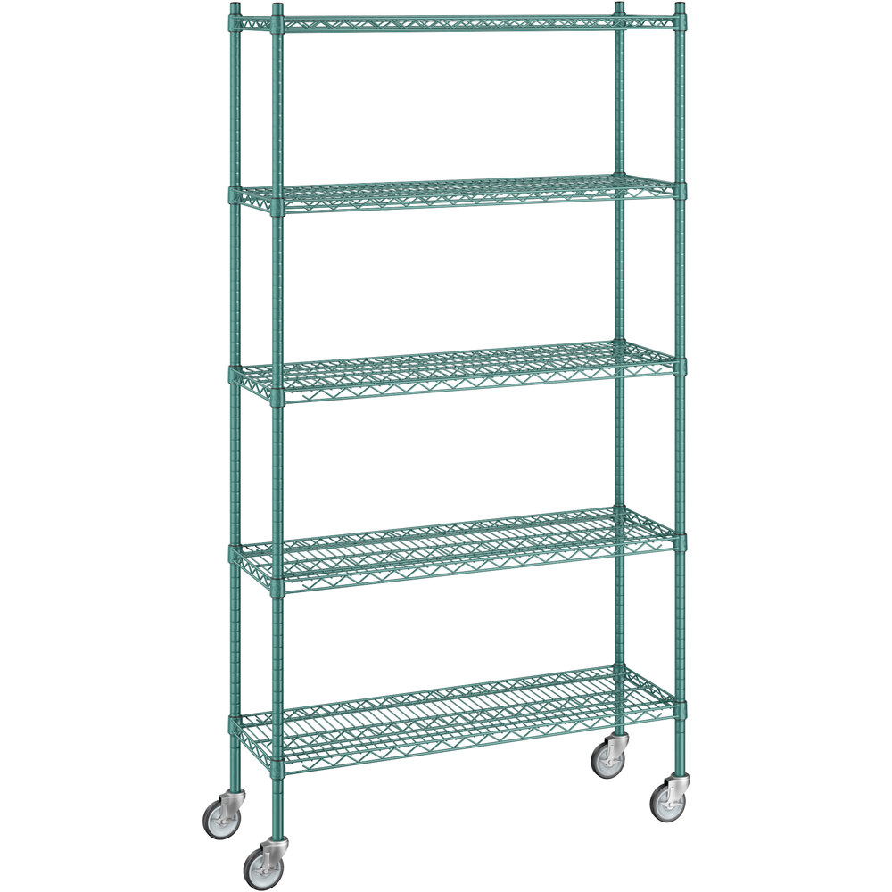 Regency 14 inch x 42 inch x 80 inch NSF Green Epoxy Mobile Wire Shelving Starter Kit with 5 Shelves
