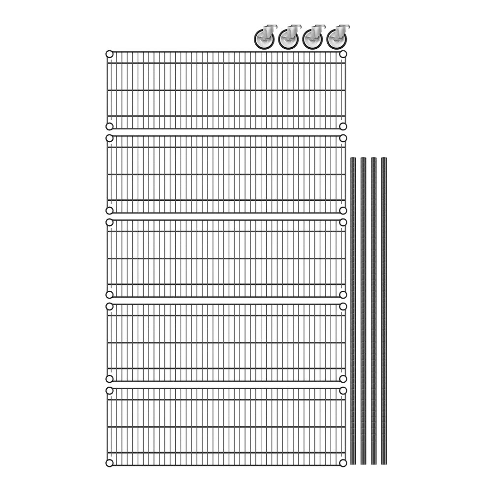 A Regency wire shelving unit with 5 shelves and 4 metal rods.