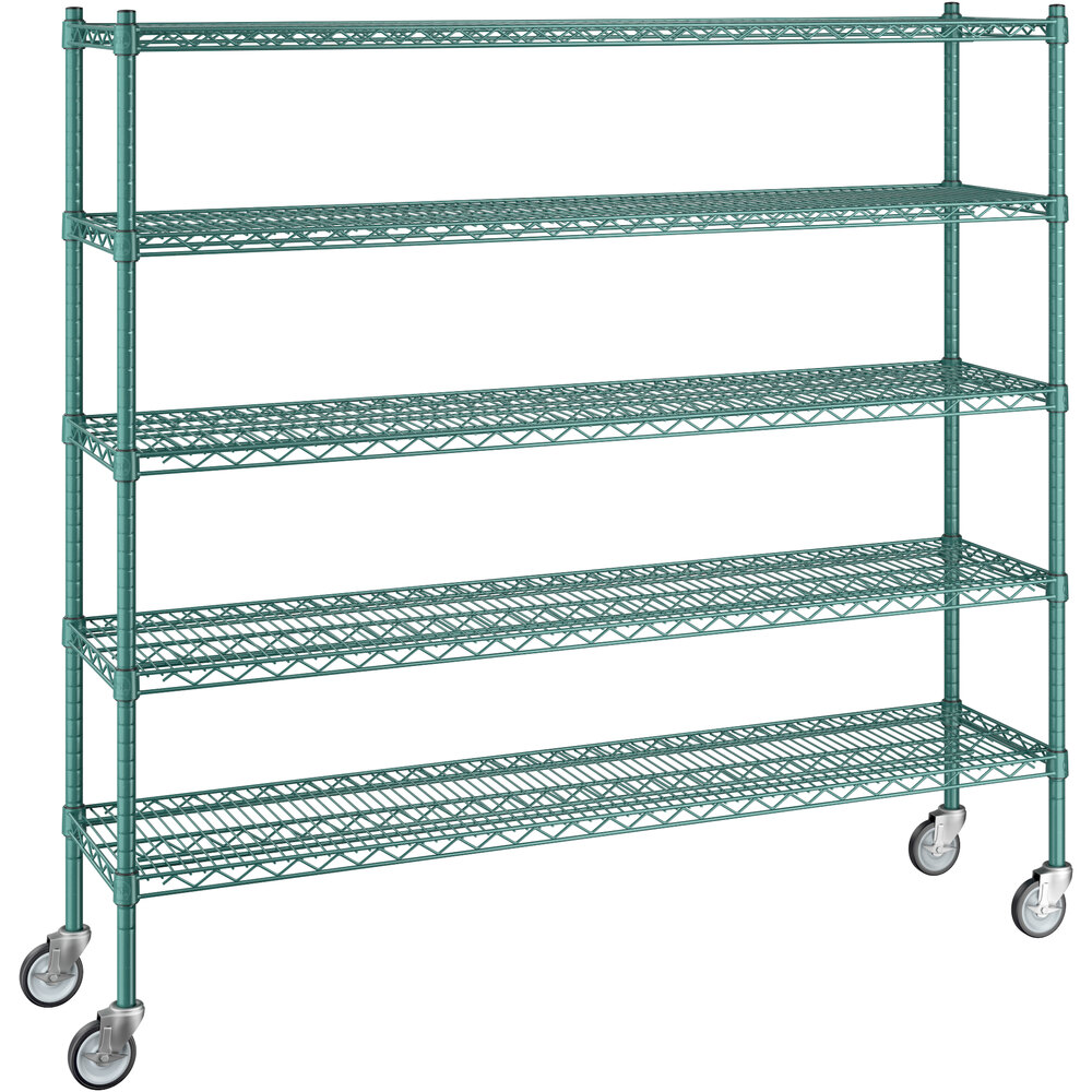 Regency 14 inch x 60 inch x 60 inch NSF Green Epoxy Mobile Wire Shelving Starter Kit with 5 Shelves