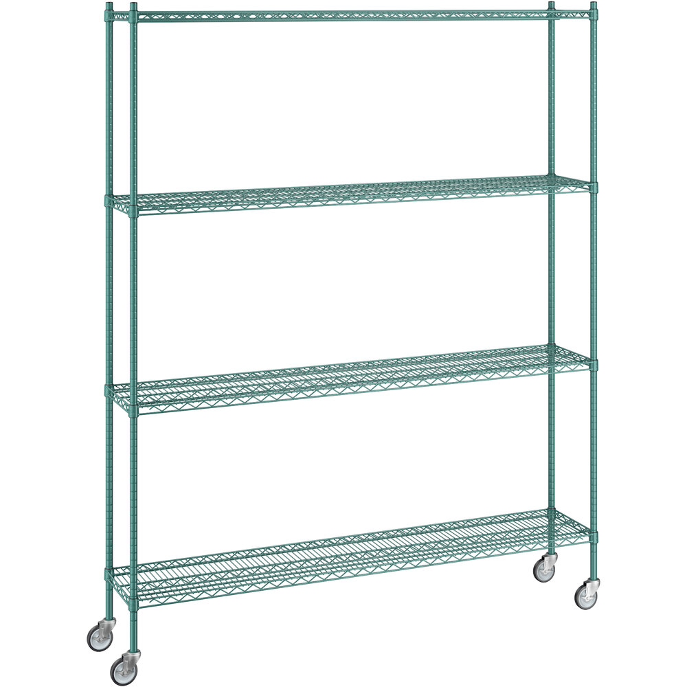 Regency 14 inch x 72 inch x 92 inch NSF Green Epoxy Mobile Wire Shelving Starter Kit with 4 Shelves