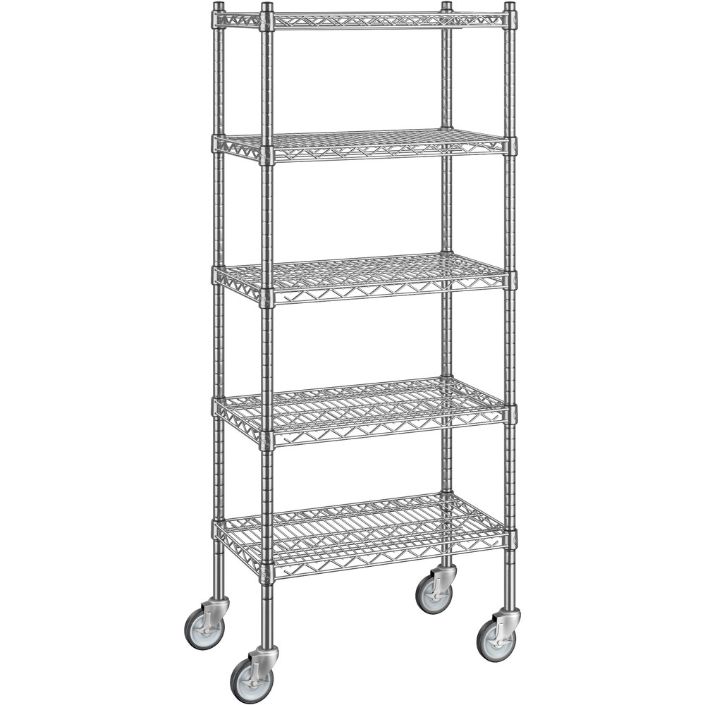 Regency 14 inch x 24 inch x 60 inch NSF Chrome Mobile Wire Shelving Starter Kit with 5 Shelves