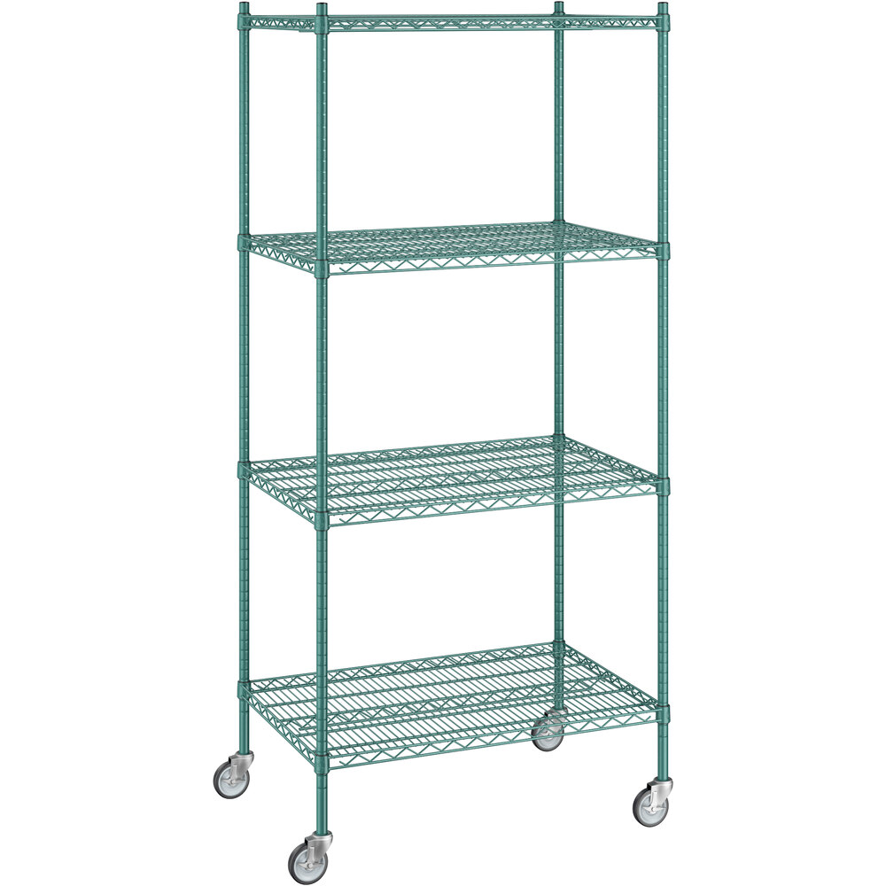 Regency 24 inch x 36 inch x 80 inch NSF Green Epoxy Mobile Wire Shelving Starter Kit with 4 Shelves