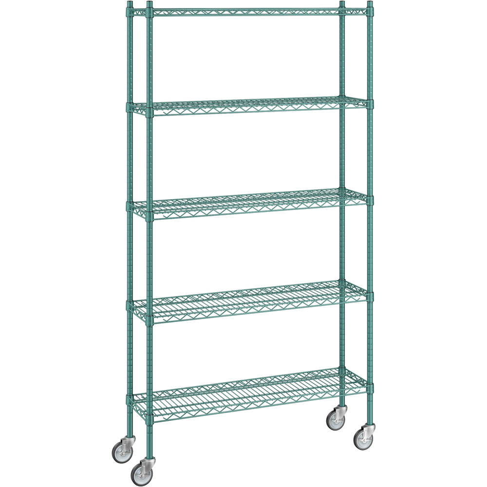 Regency 12 inch x 42 inch x 80 inch NSF Green Epoxy Mobile Wire Shelving Starter Kit with 5 Shelves
