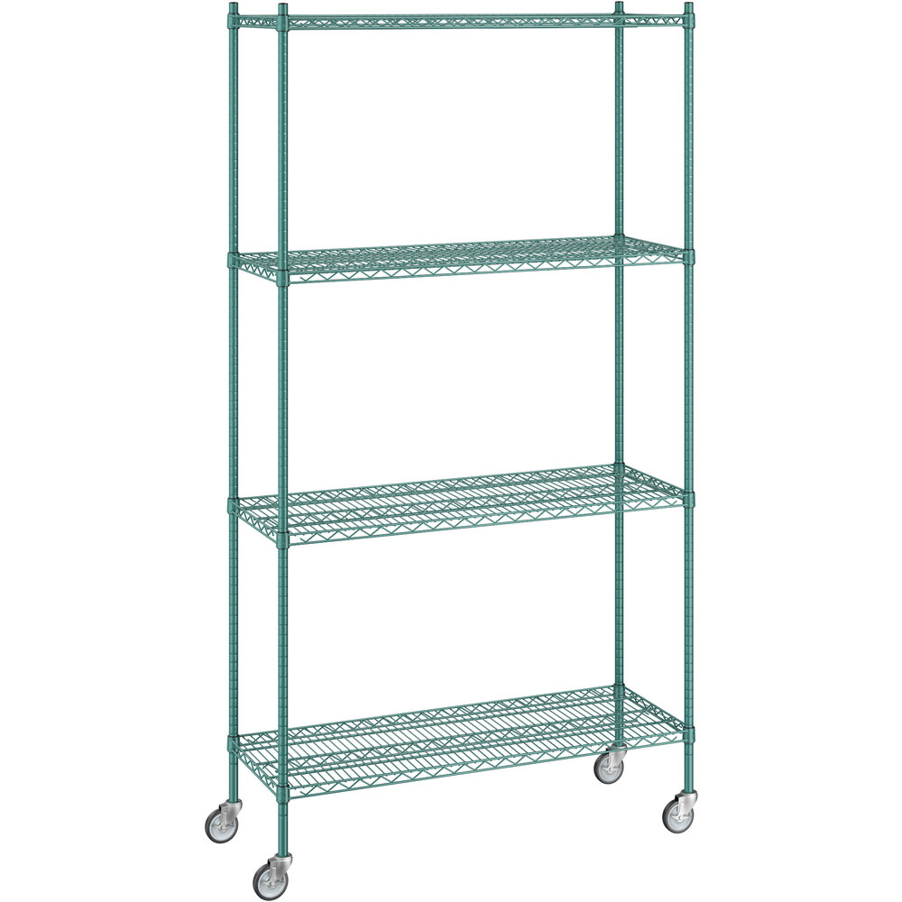Regency 18 inch x 48 inch x 92 inch NSF Green Epoxy Mobile Wire Shelving Starter Kit with 4 Shelves