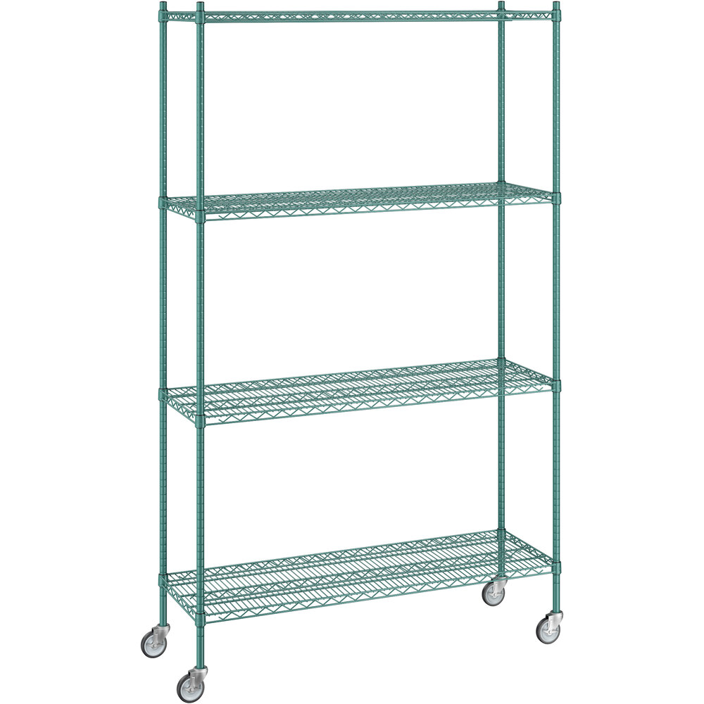 Regency 18 inch x 54 inch x 92 inch NSF Green Epoxy Mobile Wire Shelving Starter Kit with 4 Shelves