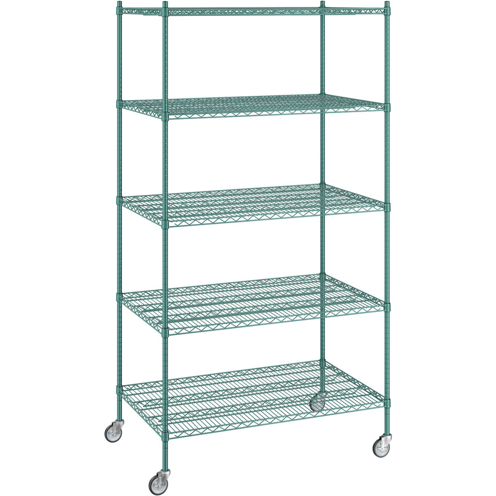 Regency 30 inch x 48 inch x 92 inch NSF Green Epoxy Mobile Wire Shelving Starter Kit with 5 Shelves