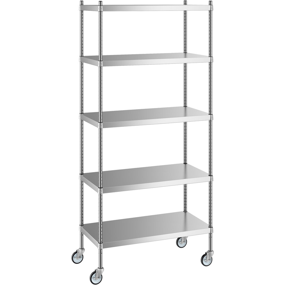 Regency 18 inch x 36 inch x 80 inch NSF Solid Stainless Steel Mobile Shelving Starter Kit with 5 Shelves