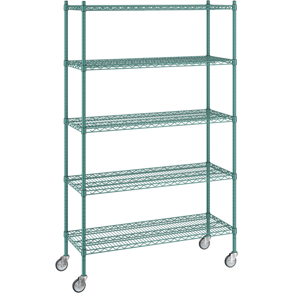 Regency 18 inch x 48 inch x 80 inch NSF Green Epoxy Mobile Wire Shelving Starter Kit with 5 Shelves