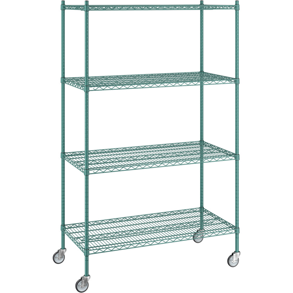 Regency 24 inch x 48 inch x 80 inch NSF Green Epoxy Mobile Wire Shelving Starter Kit with 4 Shelves
