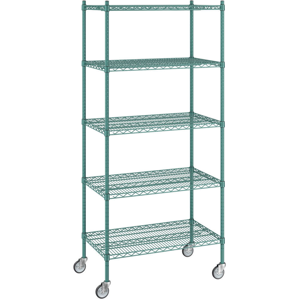 Regency 21 inch x 36 inch x 80 inch NSF Green Epoxy Mobile Wire Shelving Starter Kit with 5 Shelves