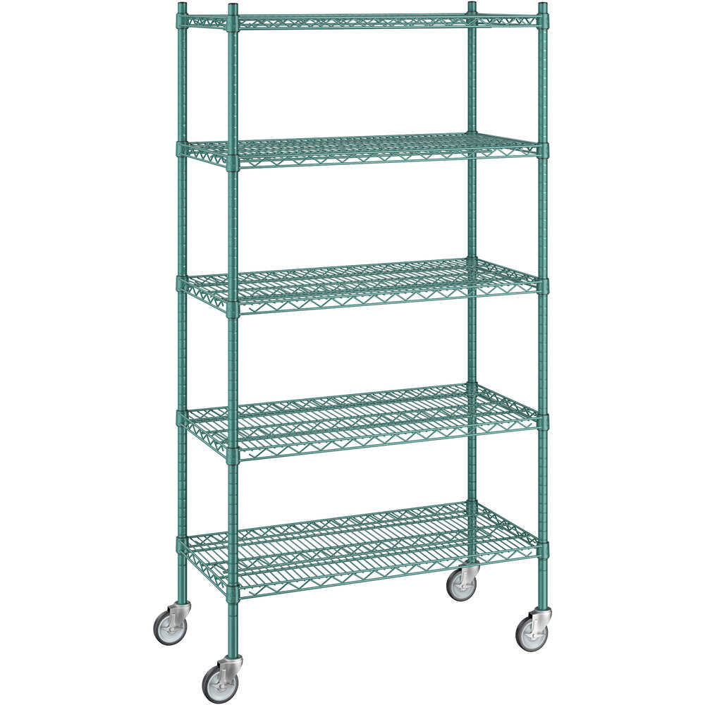 Regency 18 inch x 36 inch x 70 inch NSF Green Epoxy Mobile Wire Shelving Starter Kit with 5 Shelves