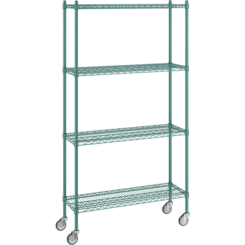 Regency 14 inch x 42 inch x 80 inch NSF Green Epoxy Mobile Wire Shelving Starter Kit with 4 Shelves