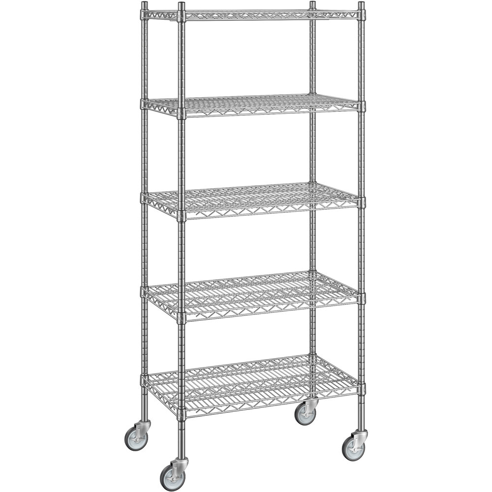 Regency 18 inch x 30 inch x 70 inch NSF Chrome Mobile Wire Shelving Starter Kit with 5 Shelves