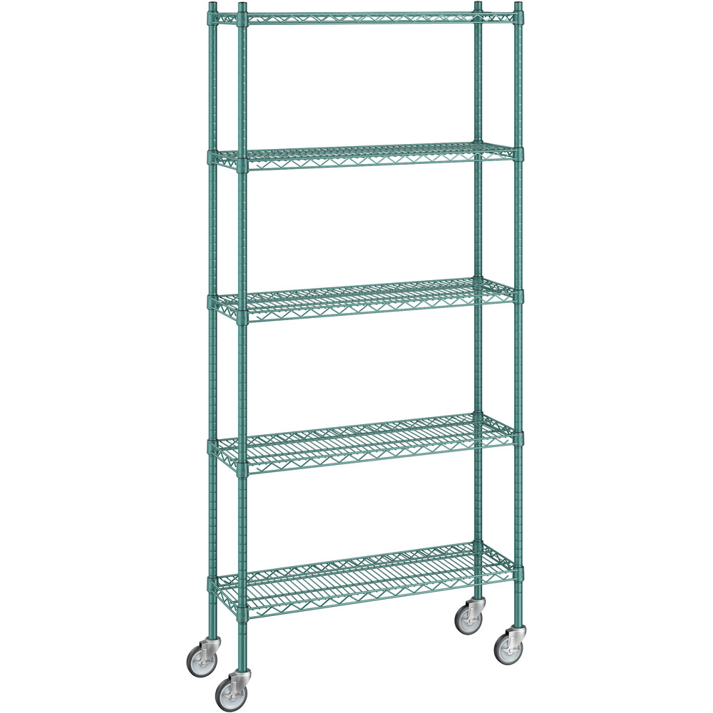 Regency 12 inch x 36 inch x 80 inch NSF Green Epoxy Mobile Wire Shelving Starter Kit with 5 Shelves