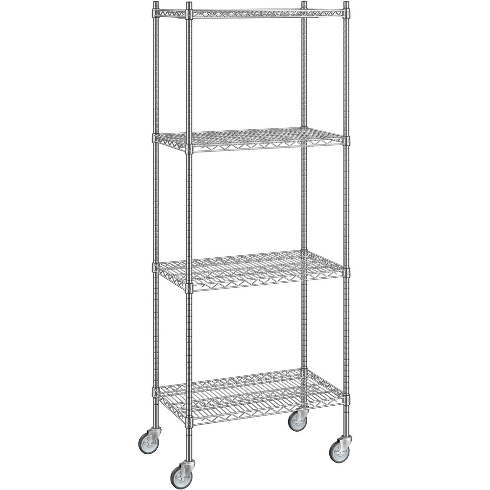 Regency 18 inch x 30 inch x 80 inch NSF Chrome Mobile Wire Shelving Starter Kit with 4 Shelves