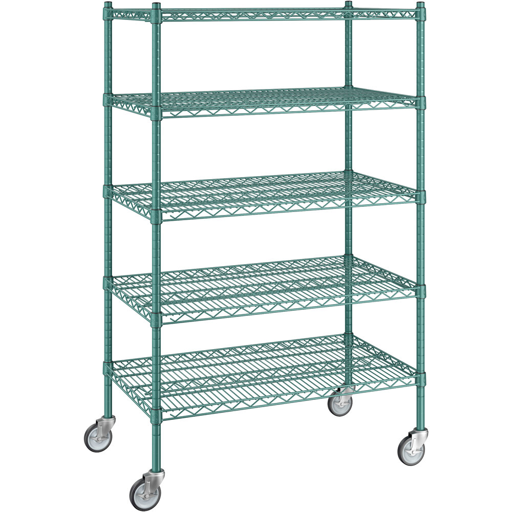 Regency 21 inch x 36 inch x 60 inch NSF Green Epoxy Mobile Wire Shelving Starter Kit with 5 Shelves