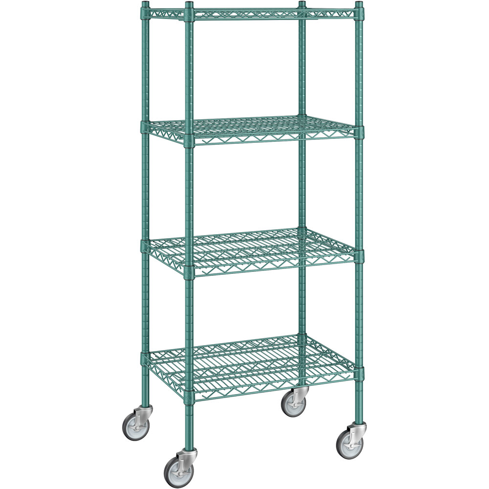 Regency 18 inch x 24 inch x 60 inch NSF Green Epoxy Mobile Wire Shelving Starter Kit with 4 Shelves
