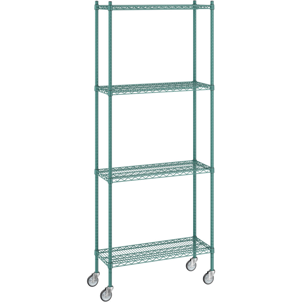 Regency 14 inch x 36 inch x 92 inch NSF Green Epoxy Mobile Wire Shelving Starter Kit with 4 Shelves