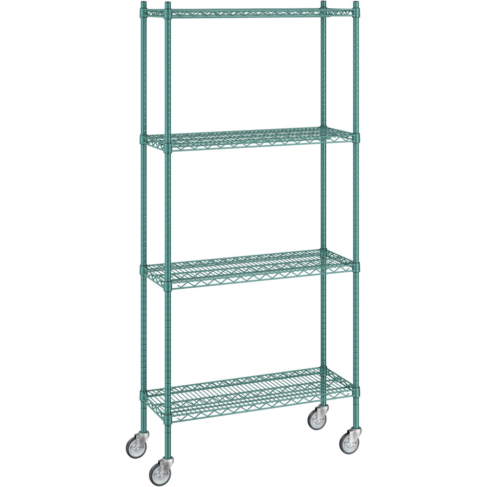 Regency 14 inch x 36 inch x 80 inch NSF Green Epoxy Mobile Wire Shelving Starter Kit with 4 Shelves