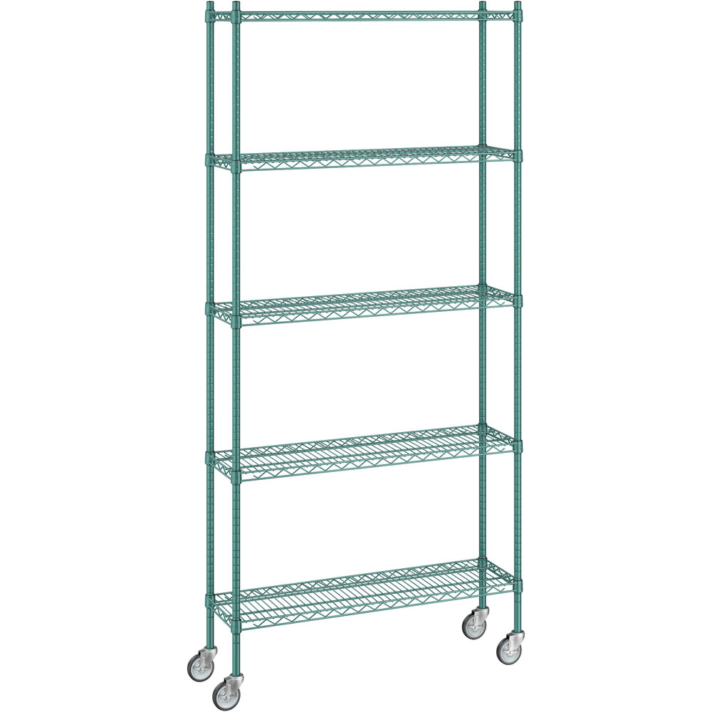 Regency 12 inch x 42 inch x 92 inch NSF Green Epoxy Mobile Wire Shelving Starter Kit with 5 Shelves