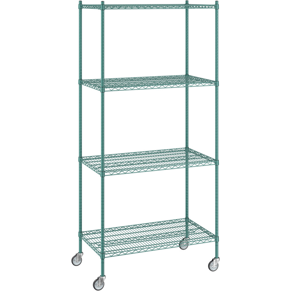 Regency 24 inch x 42 inch x 92 inch NSF Green Epoxy Mobile Wire Shelving Starter Kit with 4 Shelves