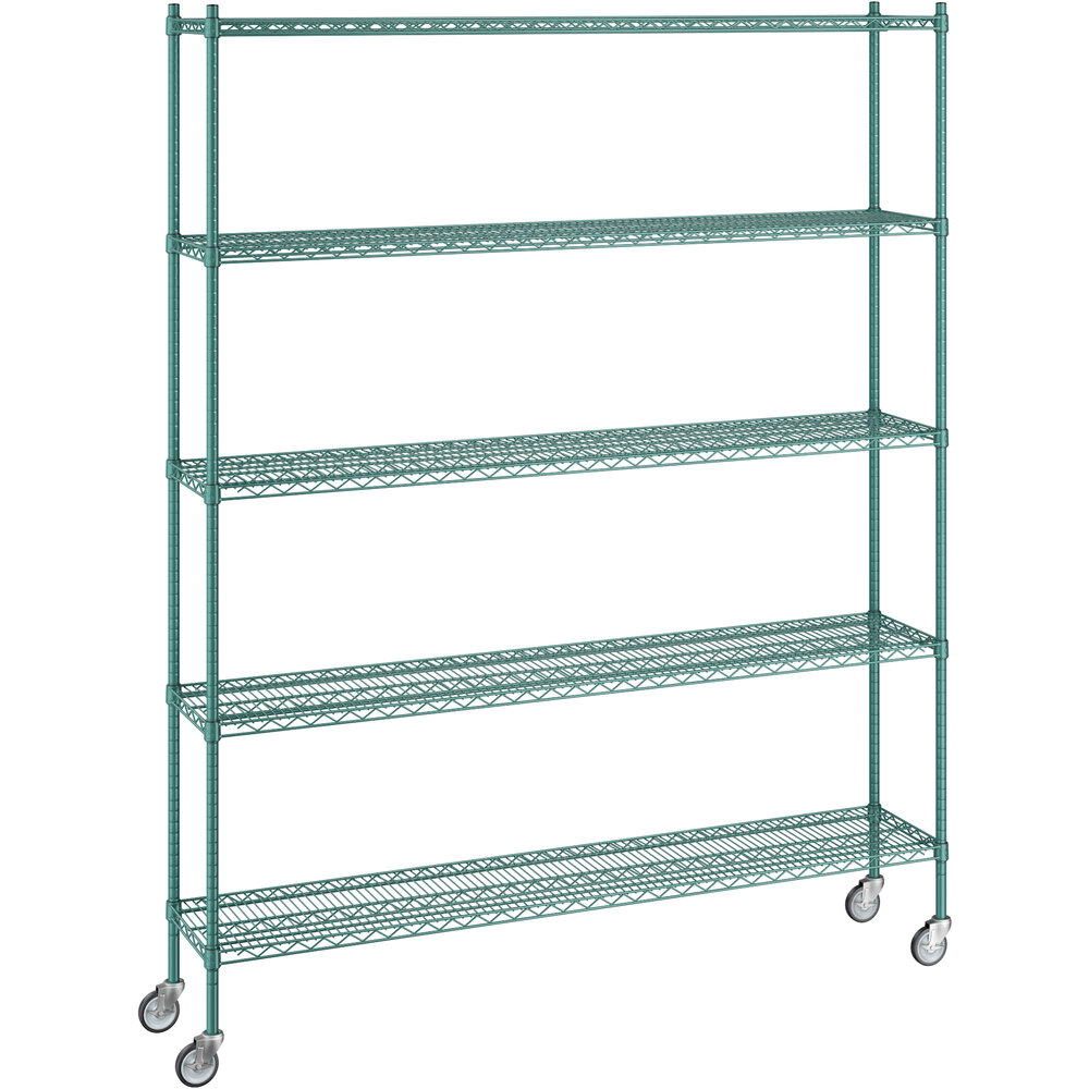 Regency 14 inch x 72 inch x 92 inch NSF Green Epoxy Mobile Wire Shelving Starter Kit with 5 Shelves