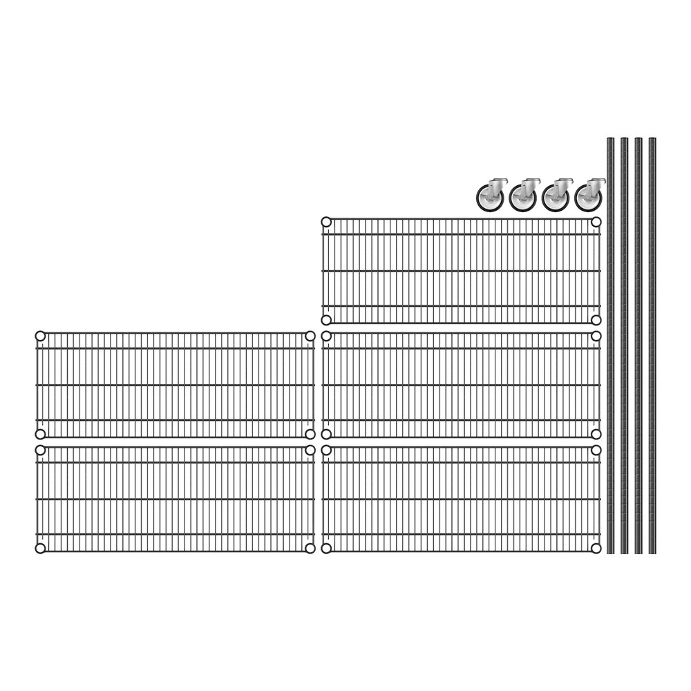 A drawing of a black metal wire rack with 4 shelves.