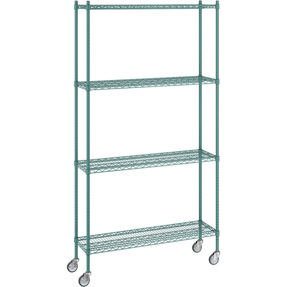 Regency 14 inch x 48 inch x 92 inch NSF Green Epoxy Mobile Wire Shelving Starter Kit with 4 Shelves